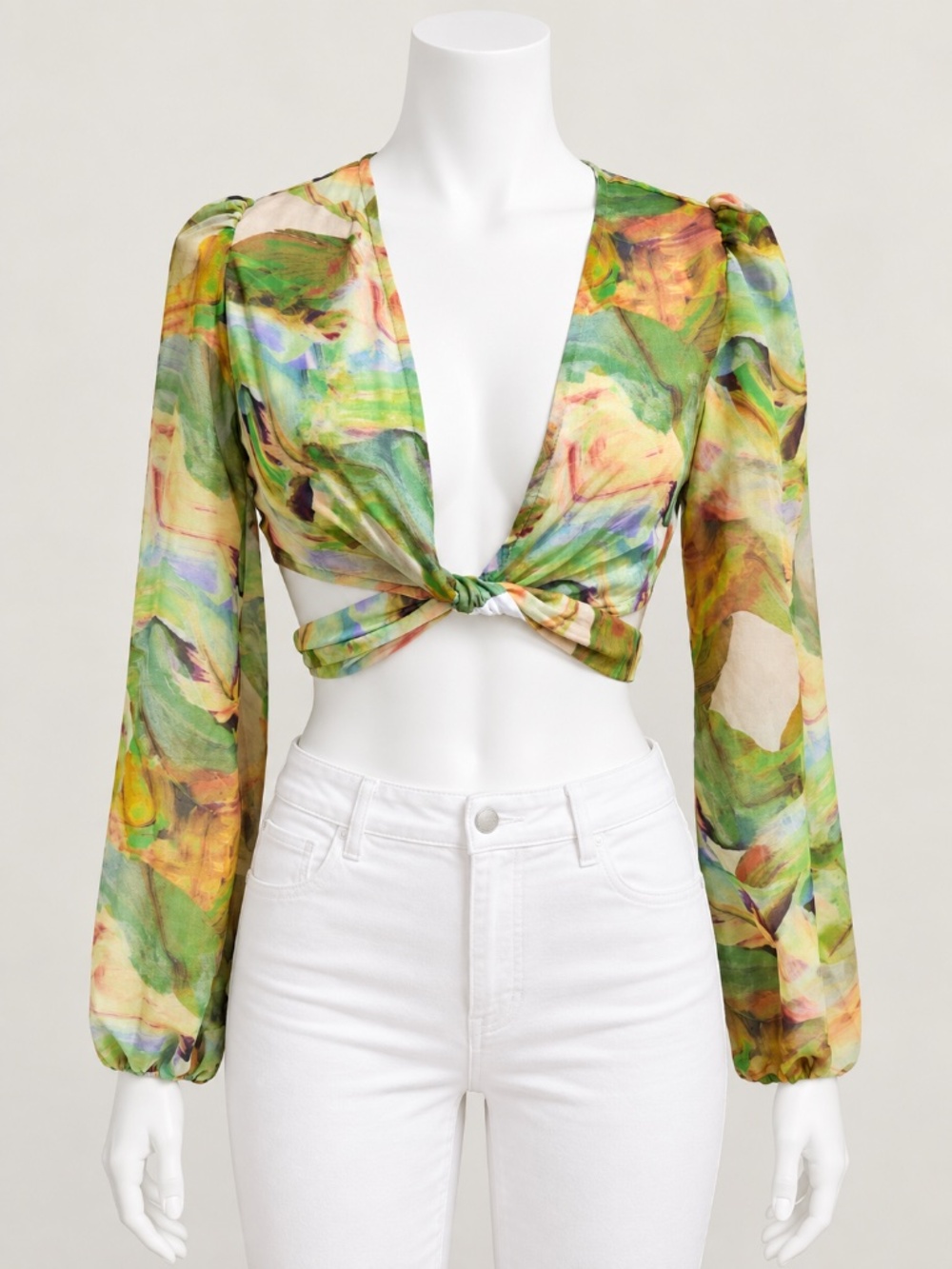 SHEIN VACAY Abstract Print Long Sleeve Wrap Crop Top Size S NWT